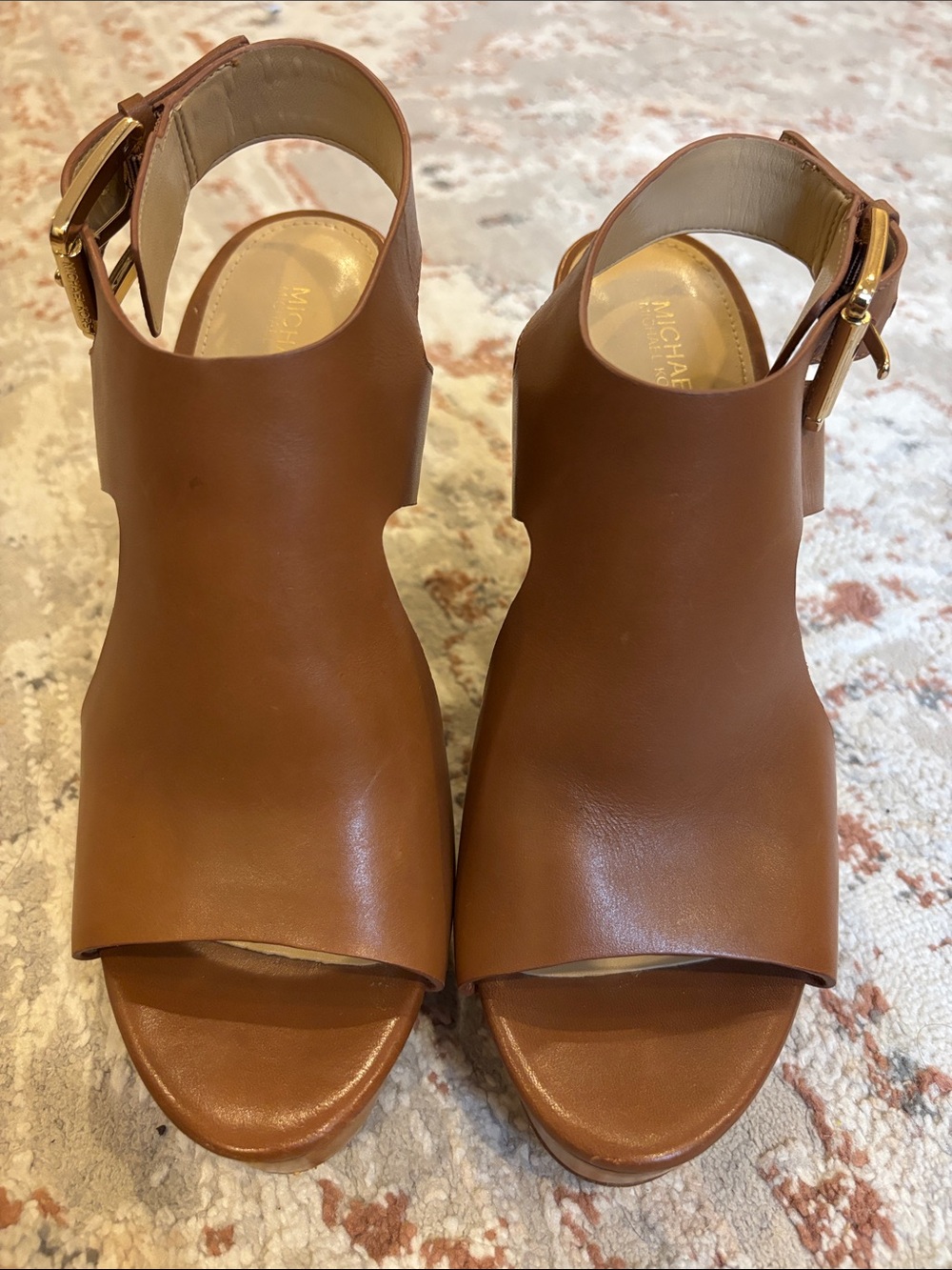 MICHAEL Michael Kors Josephine Leather Wedge Platform Sandals Luggage Brown - Picture 8 of 8